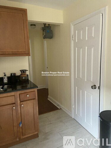 A kitchen with wooden cabinets and a white door.