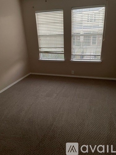A room with carpeted floor and two windows.