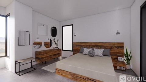 A modern bedroom with a bed, nightstand, and a bench.