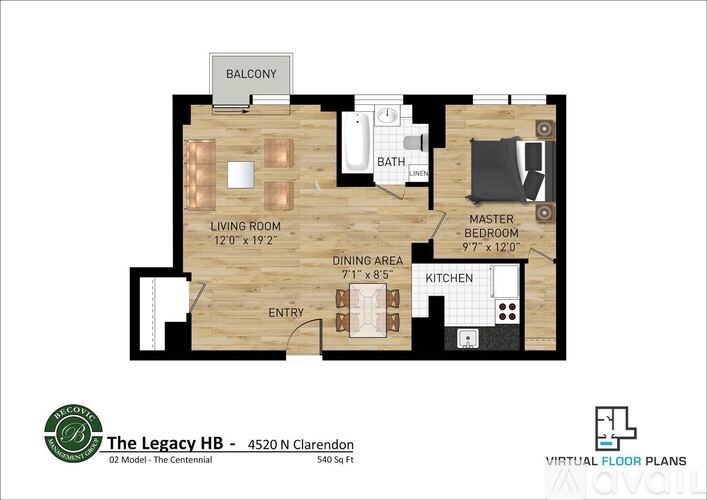A floor plan of a home with a living room, dining area, kitchen, and two bedrooms.