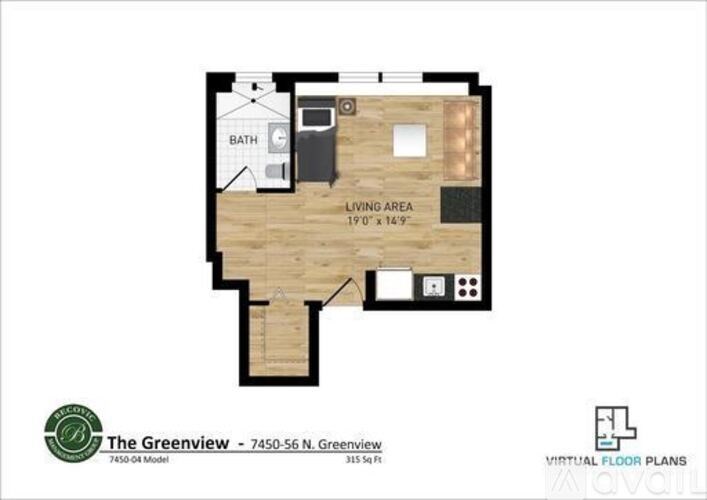 A floor plan for a one bedroom apartment at The Greenview.
