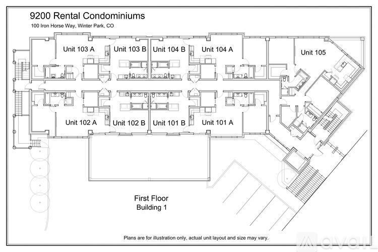 A floor plan of the 9200 Rental Condominiums located at 100 Iron Horse Way, Winter Park, CO.