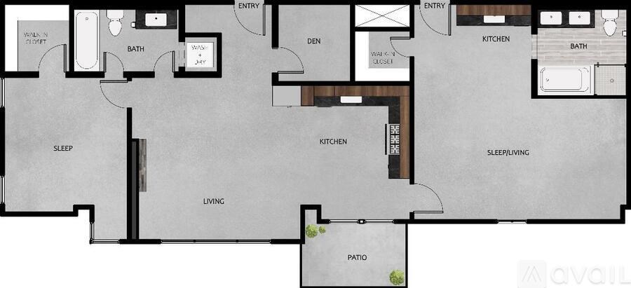 A floor plan of a house with a living room, kitchen, and bathrooms.