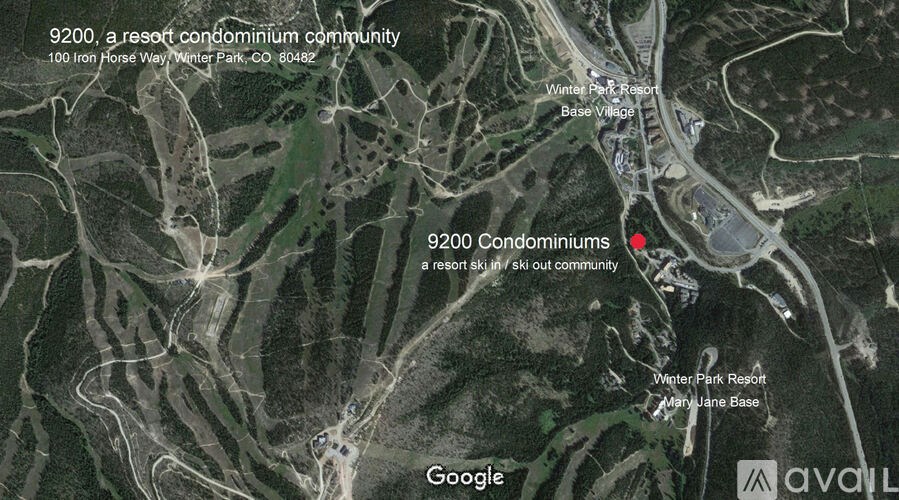 A satellite image shows a resort condominium community at 9200 Iron Horse Way Winter Park, CO 80482.