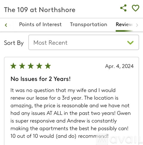 A review for The 109 at Northshore with a 5-star rating and a date of Apr. 4, 2024.