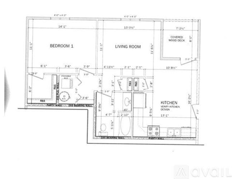 A floor plan of a house with a bedroom, living room, and kitchen.