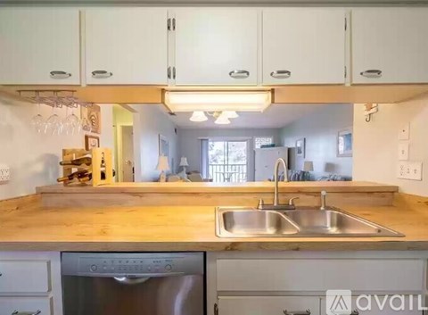 A kitchen with a wooden countertop and a stainless steel dishwasher.
