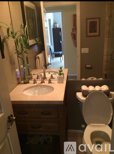 A bathroom with a toilet, sink, and mirror.