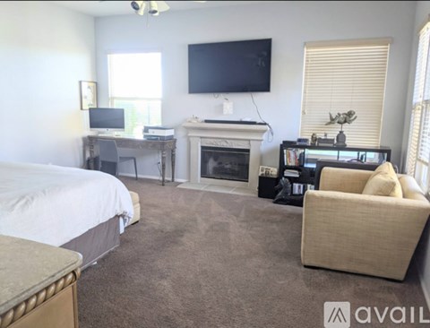 A bedroom with a bed, desk, and fireplace.