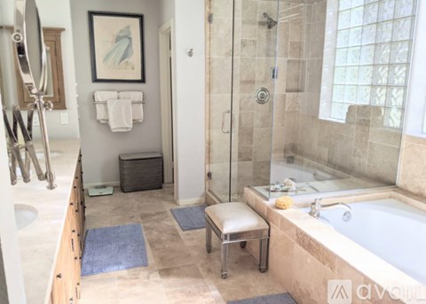 A bathroom with a walk-in shower and a bathtub.