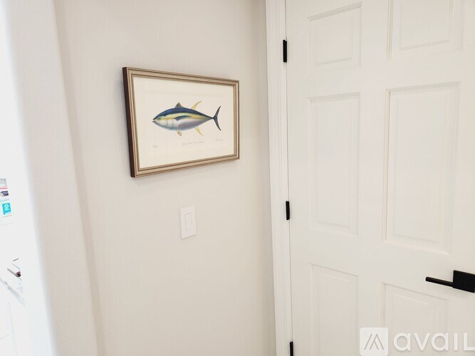 A framed picture of a fish hangs on a white wall above a white door.