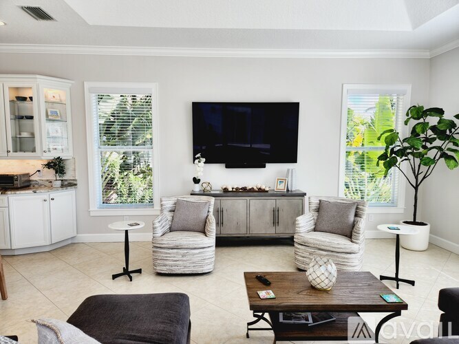A living room with a television, two chairs, a table, and a potted plant.