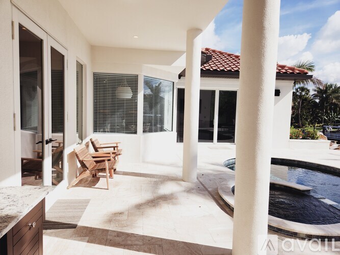 A modern house with a pool and a sunny day.