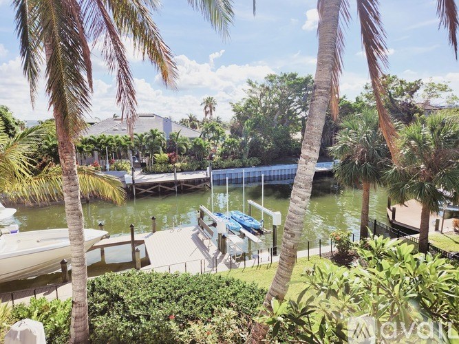 A boat is docked at a marina with palm trees.