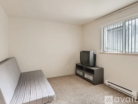 A grey sofa sits in a living room with a television and a window.