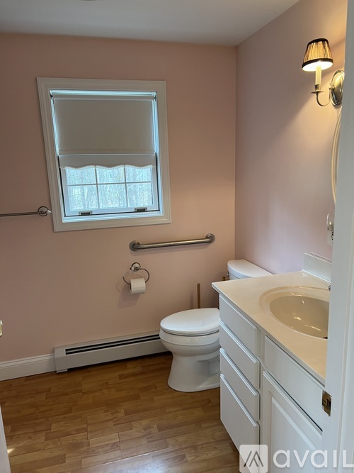 A bathroom with a toilet, sink, and window.