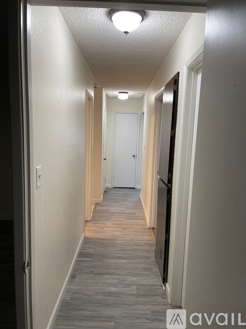 A long, narrow hallway with a light on the ceiling and doors on both sides.