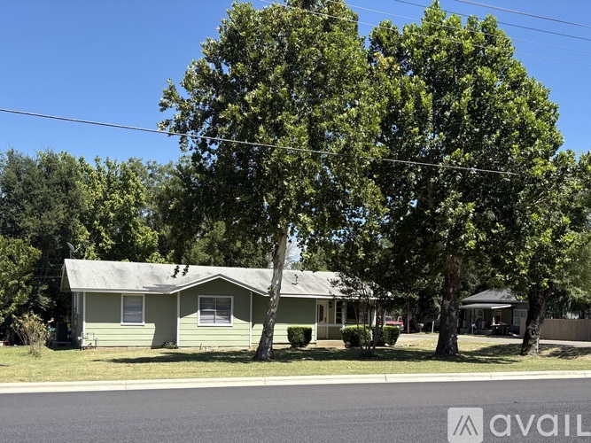 A house with a white roof and a tree in front of it.