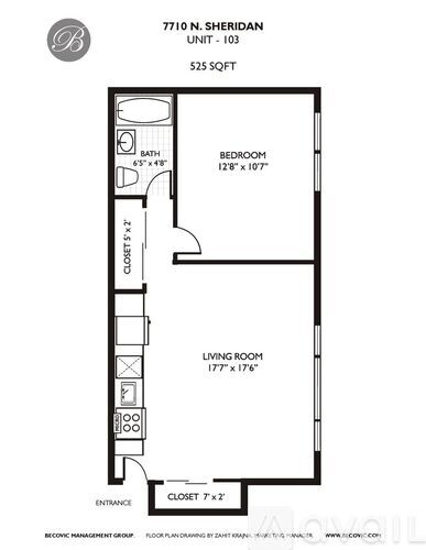 A floor plan for a unit at 7710 N. Sheridan shows a bedroom, living room, and closet.