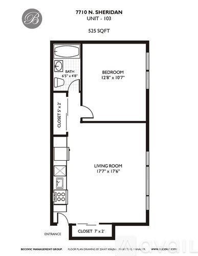 A floor plan for a unit at 7710 N. Sheridan shows a bedroom, living room, and closet.