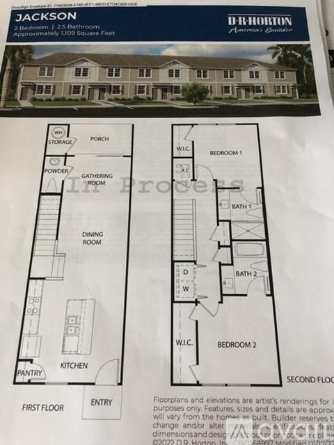 A house plan by DR HOUDSON shows a 3 bedroom, 2.5 bathroom house with an approximate size of 1109 square feet.