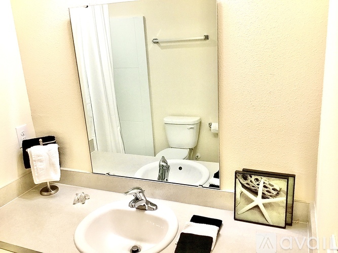 A bathroom with a sink, mirror, toilet, and a small picture frame.