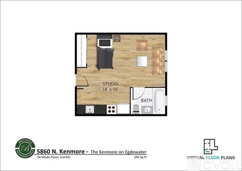 A floor plan for a studio apartment at 5860 N. Kenmore is displayed.
