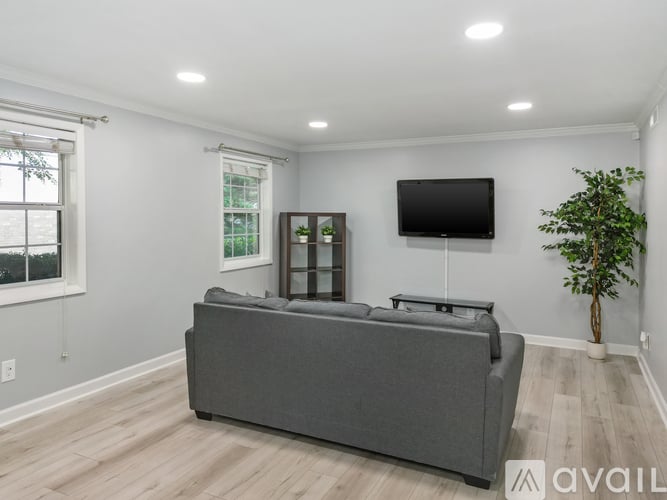 A living room with a grey couch, a flat screen TV, and a potted plant.