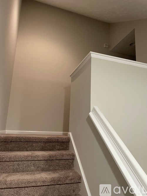 A staircase with beige carpeted steps and white railings.