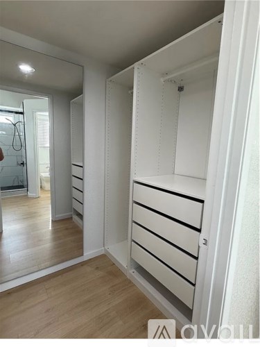 A white closet with a mirrored door and wooden flooring.