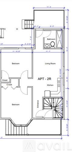 A floor plan of an apartment with a living room, bedroom, and kitchen.