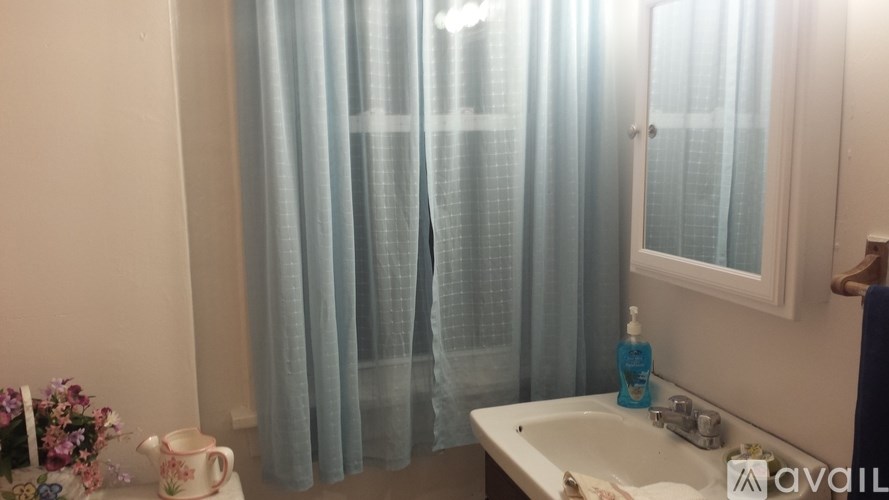 A bathroom with a sink, a shower curtain, and a vase of flowers.