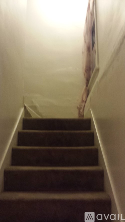 A staircase with a carpeted runner and a white wall.