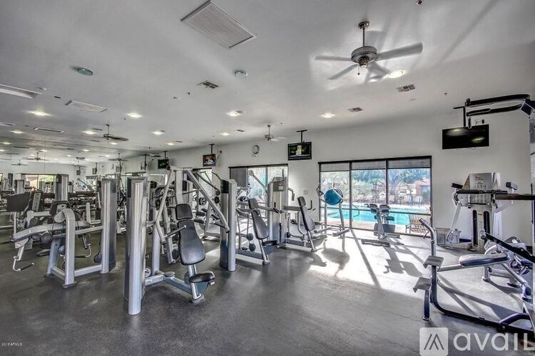 A gym with a variety of equipment including treadmills, weights, and a television.