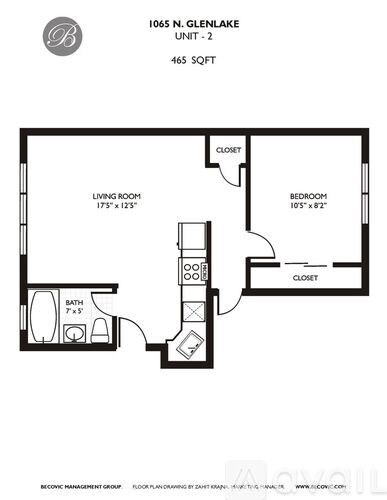 A floor plan for a 465 square foot unit at Glenlake.