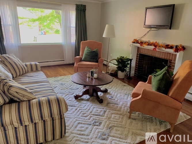 A living room with a fireplace and a television.