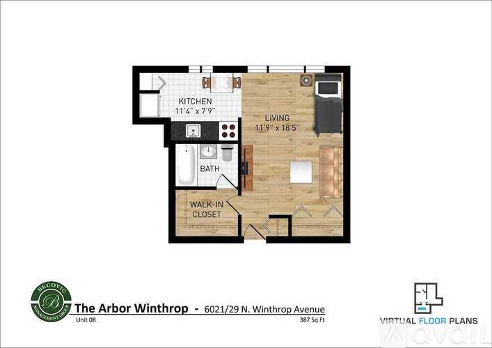 A floor plan of a one bedroom apartment at The Arbor Winthrop.