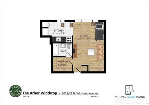 A floor plan of a one bedroom apartment at The Arbor Winthrop.