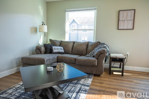 A living room with a grey sofa and a blue coffee table.