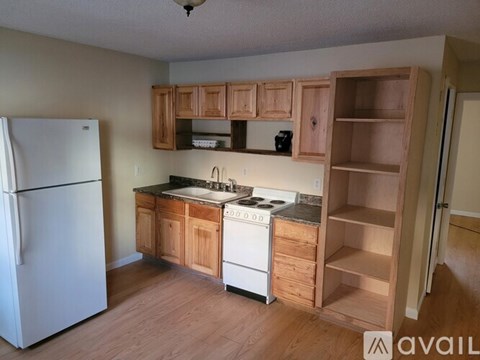 A kitchen with wooden cabinets and a white fridge.