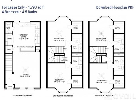 A black and white image of a floor plan for a 4 bedroom, 4.5 bathroom property.