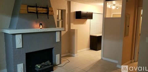 A fireplace with a black screen and a fire burning inside.
