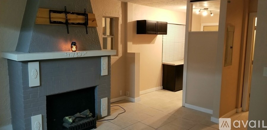 A fireplace with a black screen and a fire burning inside.