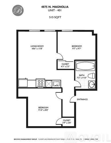 A black and white image of a floor plan for a unit at 4875 N. Magnolia, showing a living room, bedroom, bathroom, and closet.