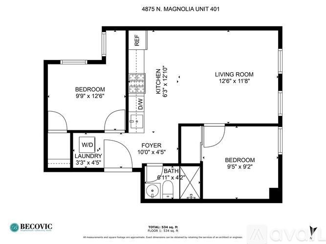 A floor plan for a 4875 N Magnolia Unit 401 shows the layout of the bedrooms, living room, kitchen, and laundry area.