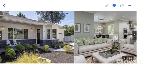 A house with a front porch and a living room with a couch and a coffee table.