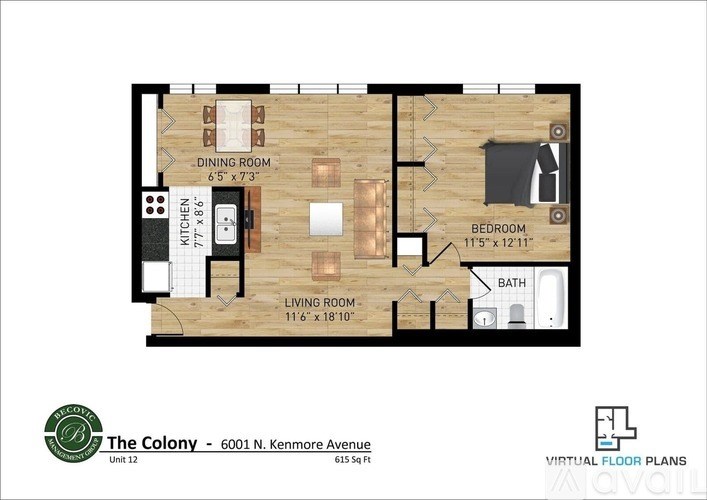 A floor plan of a one bedroom apartment at The Colony.