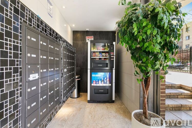 A tree in a planter sits next to a row of mailboxes.
