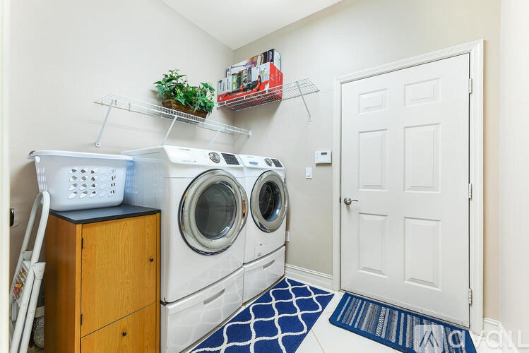 A laundry room with a white door and a blue and white rug.