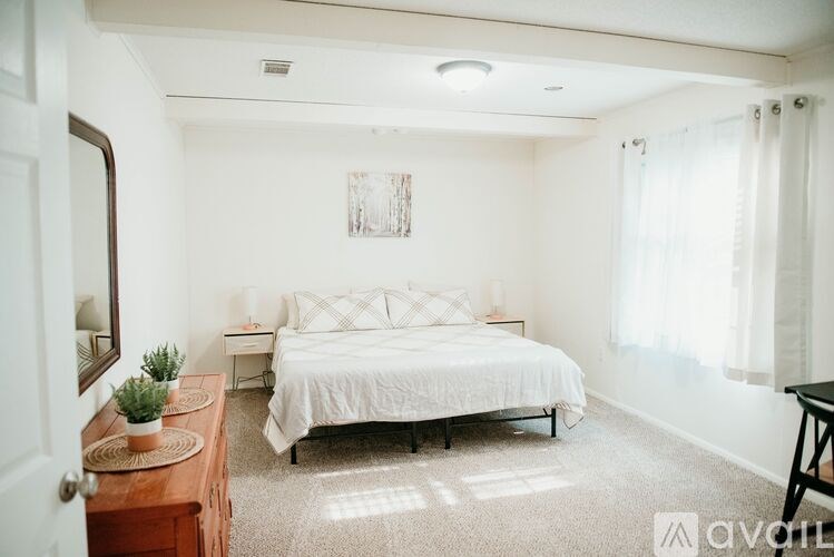 A bedroom with a bed, nightstand, and a plant on a dresser.